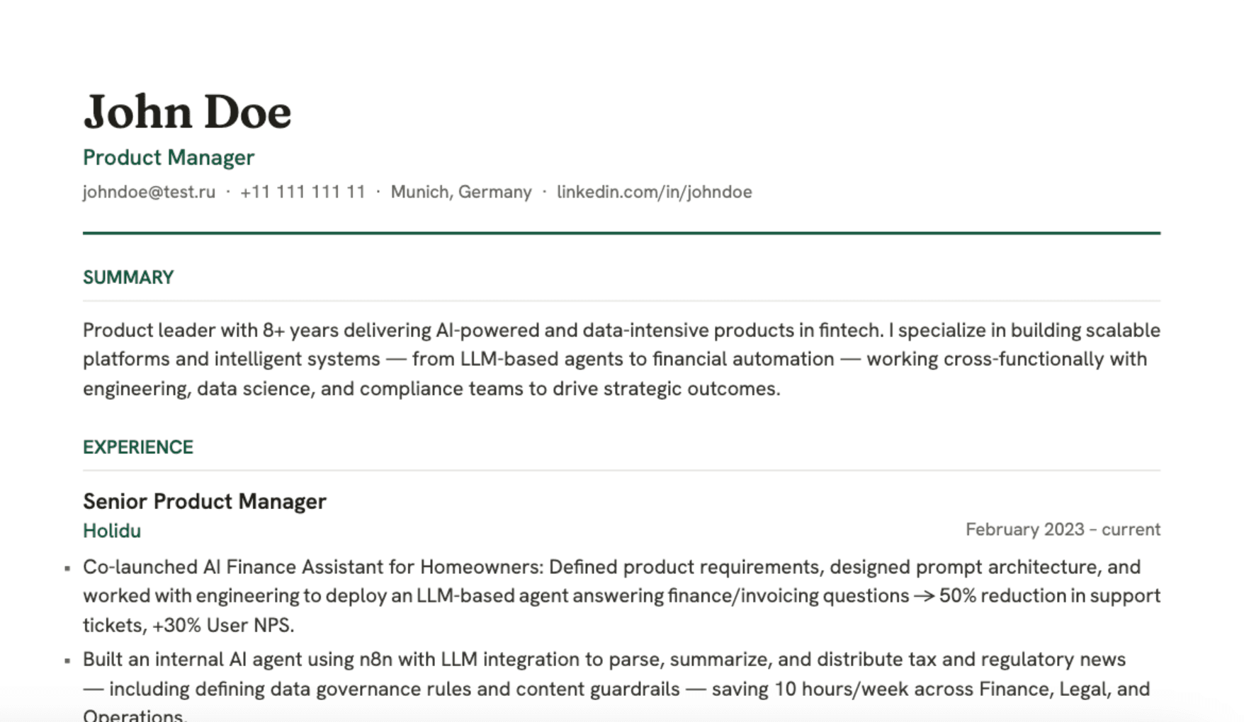 Screenshot of the AppCV CV editor, showing a resume being built with a live preview beside it