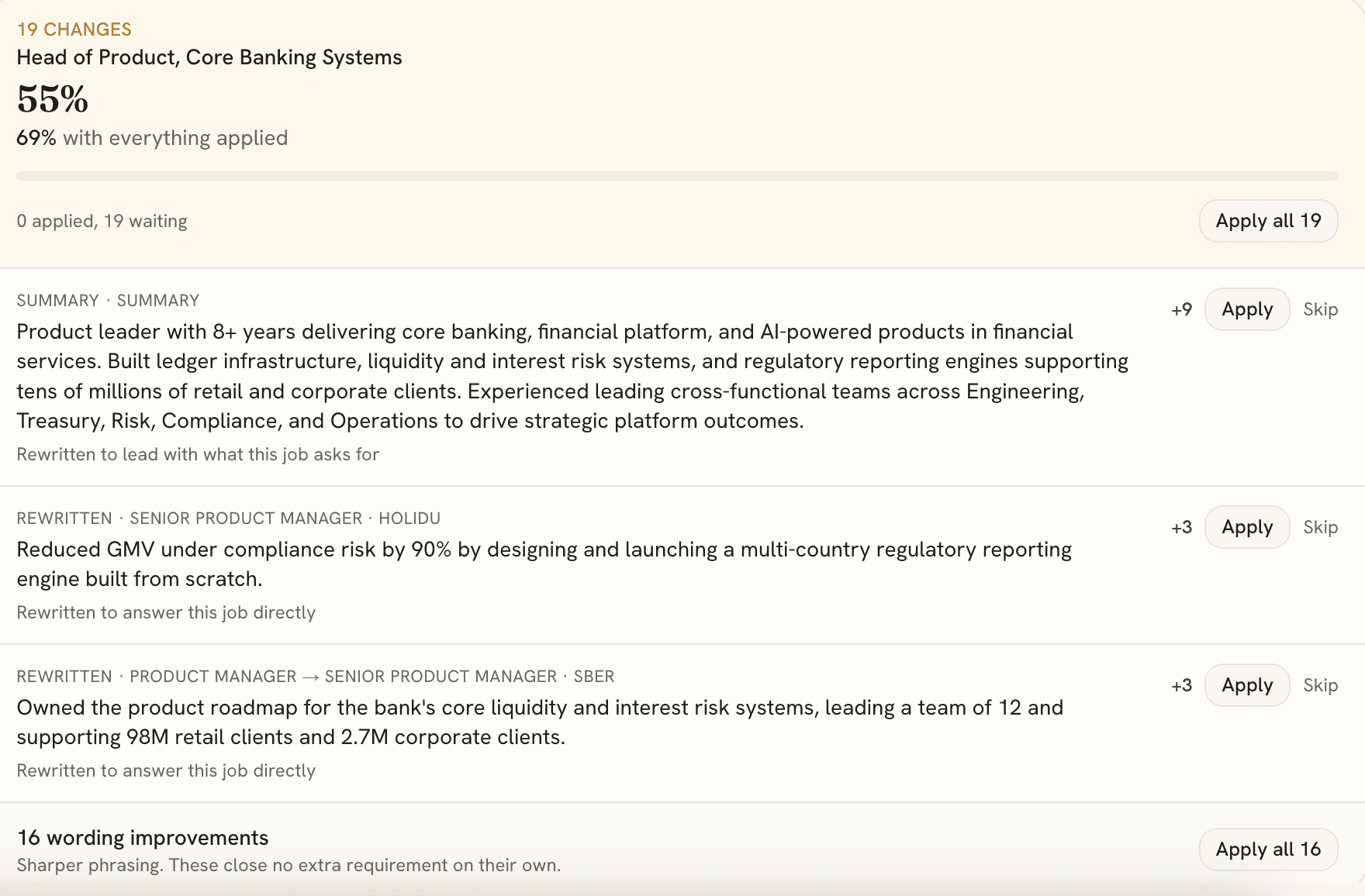 Screenshot of a tailored CV's proposed changes, each one shown with an Apply or Skip choice